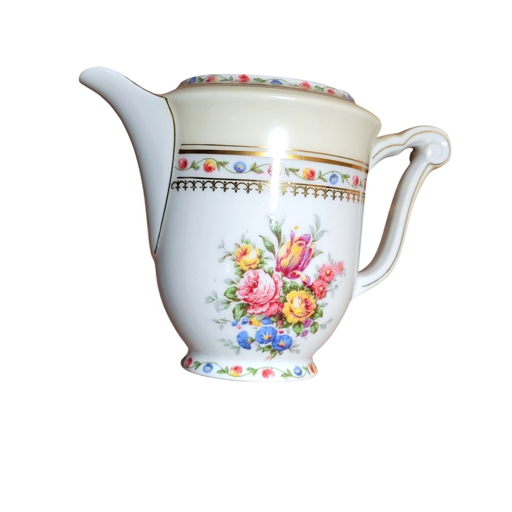 Raynaud Limoges Vintage Floral Cream Porcelain Pitcher Creamer Gold Trim